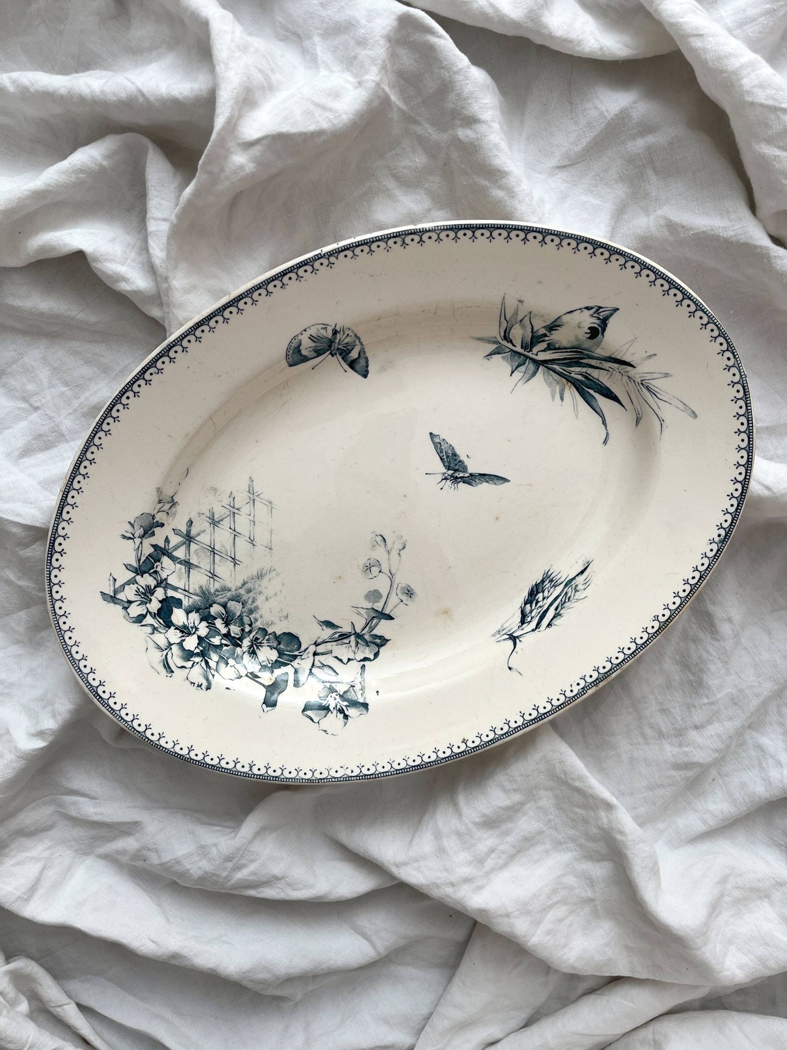 Plat ovale en terre de fer fleurs oiseaux "Malaga" Petrus Regout