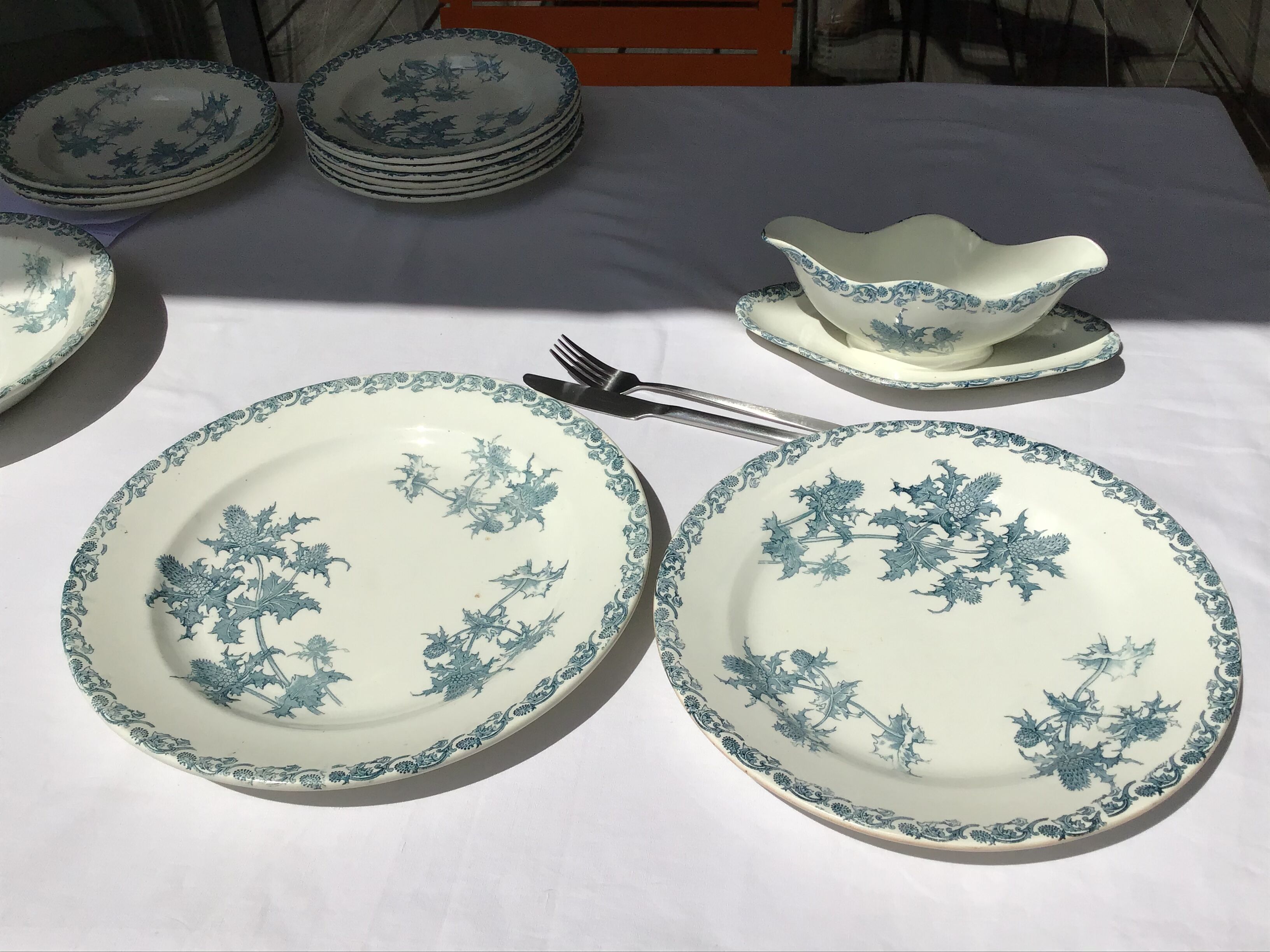 Iron Earth dishes thistle 29 and 32cm L.G Righi blue ink