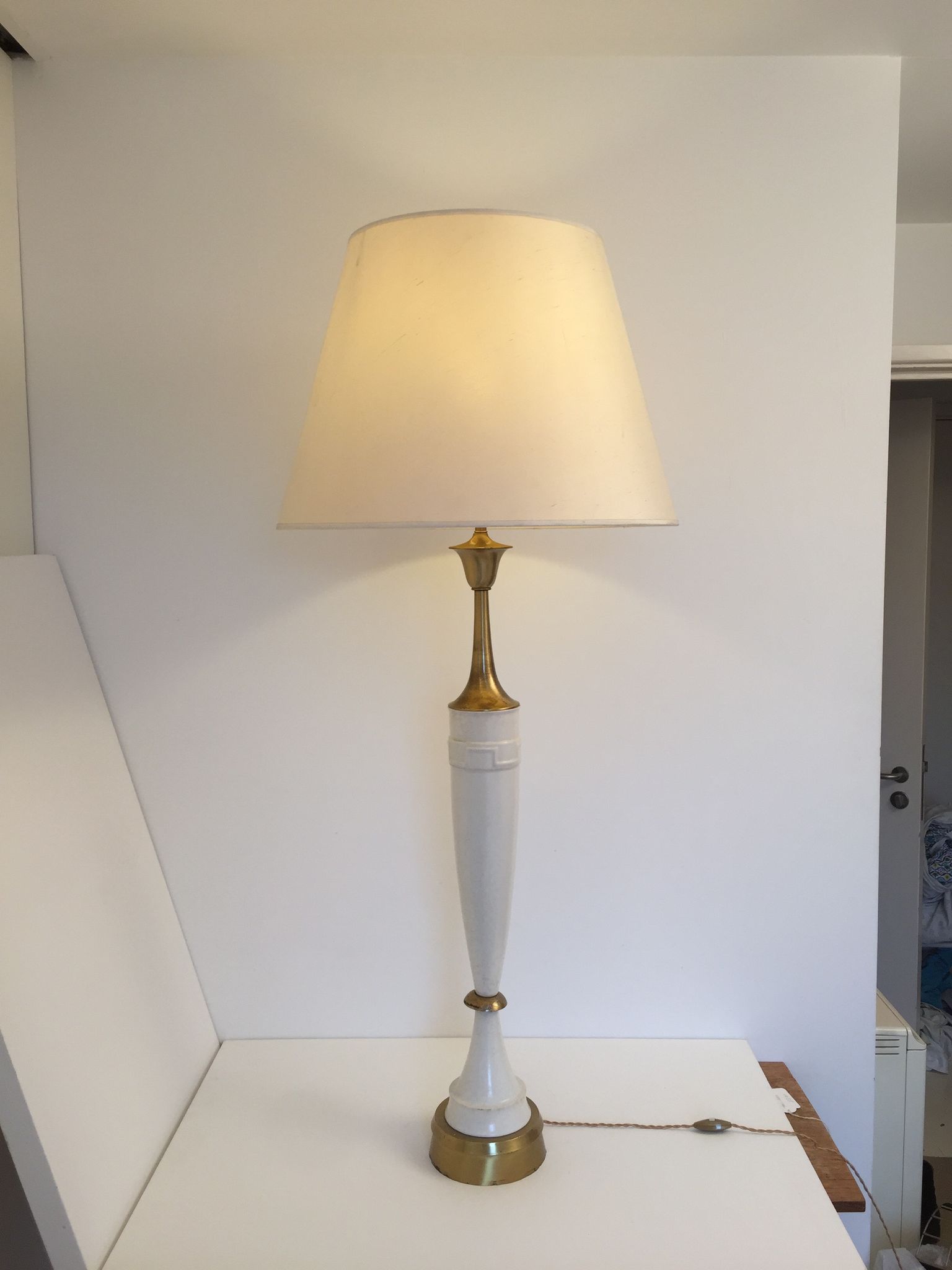 1960s laurel greek key ceramic brass table lamps hollywood regency neoclassical