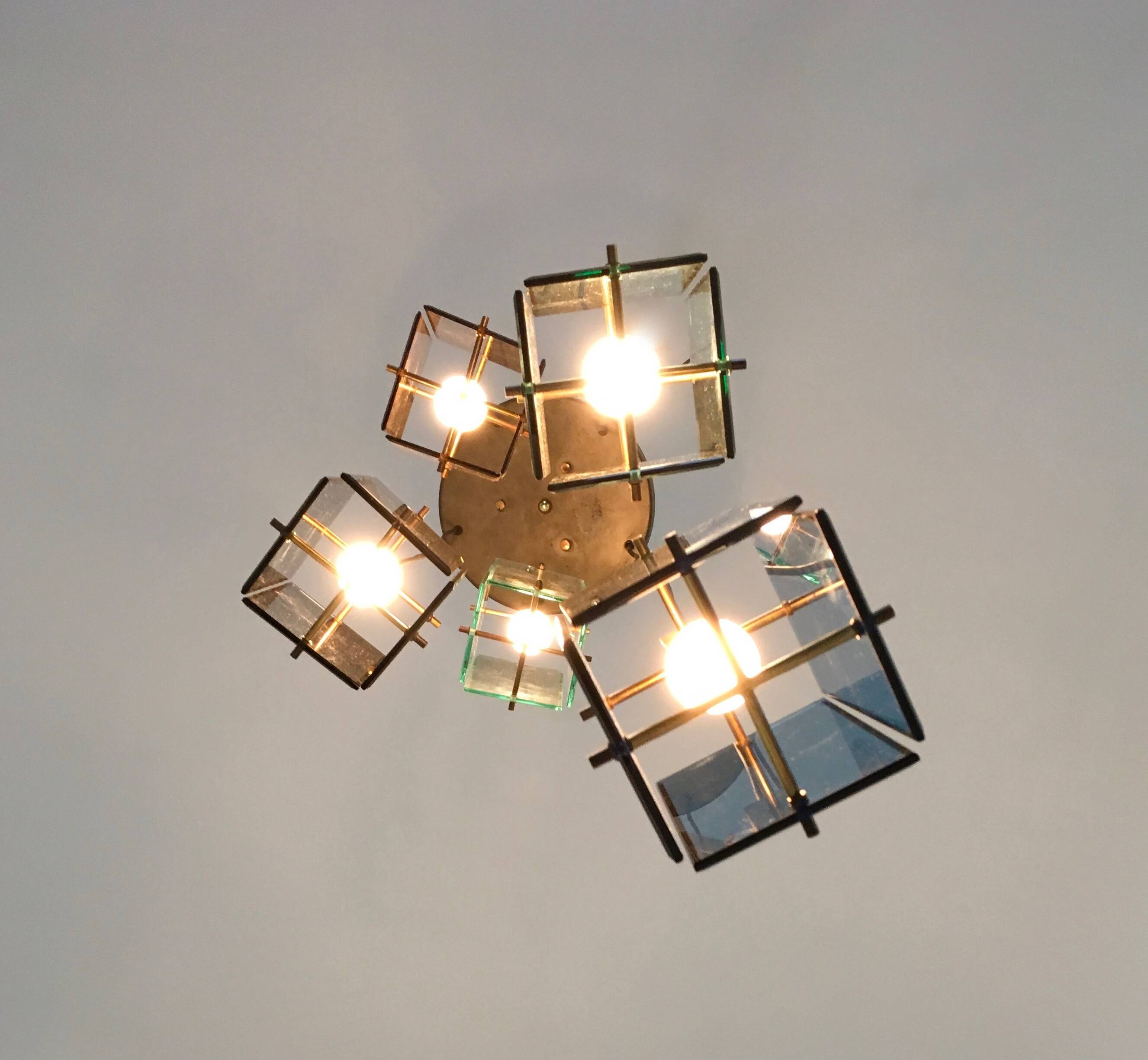 Five Light Colored Glass Brass Chandelier Pendant