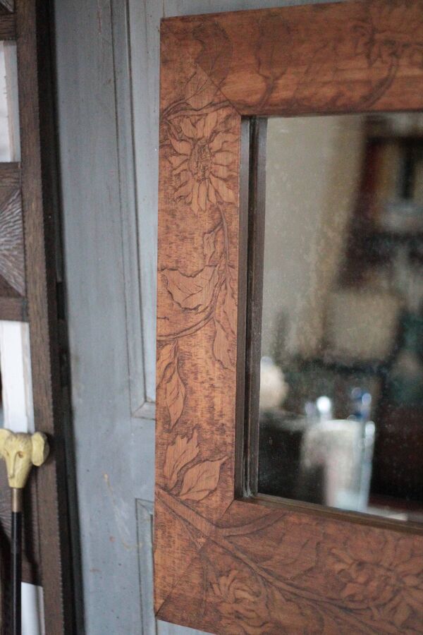 Grand miroir bois motif floral, miroir mural, glace murale