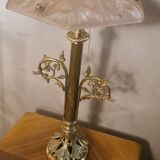art nouveau bronze and brass lamp and lampshade signed opaque pink degue