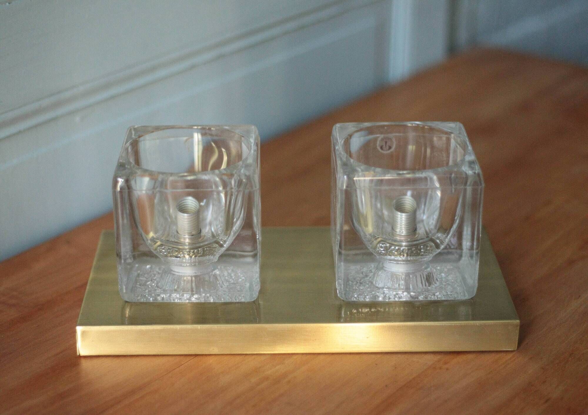 Peill & Putzler wall light, vintage, brass and thick glass wall sconce.