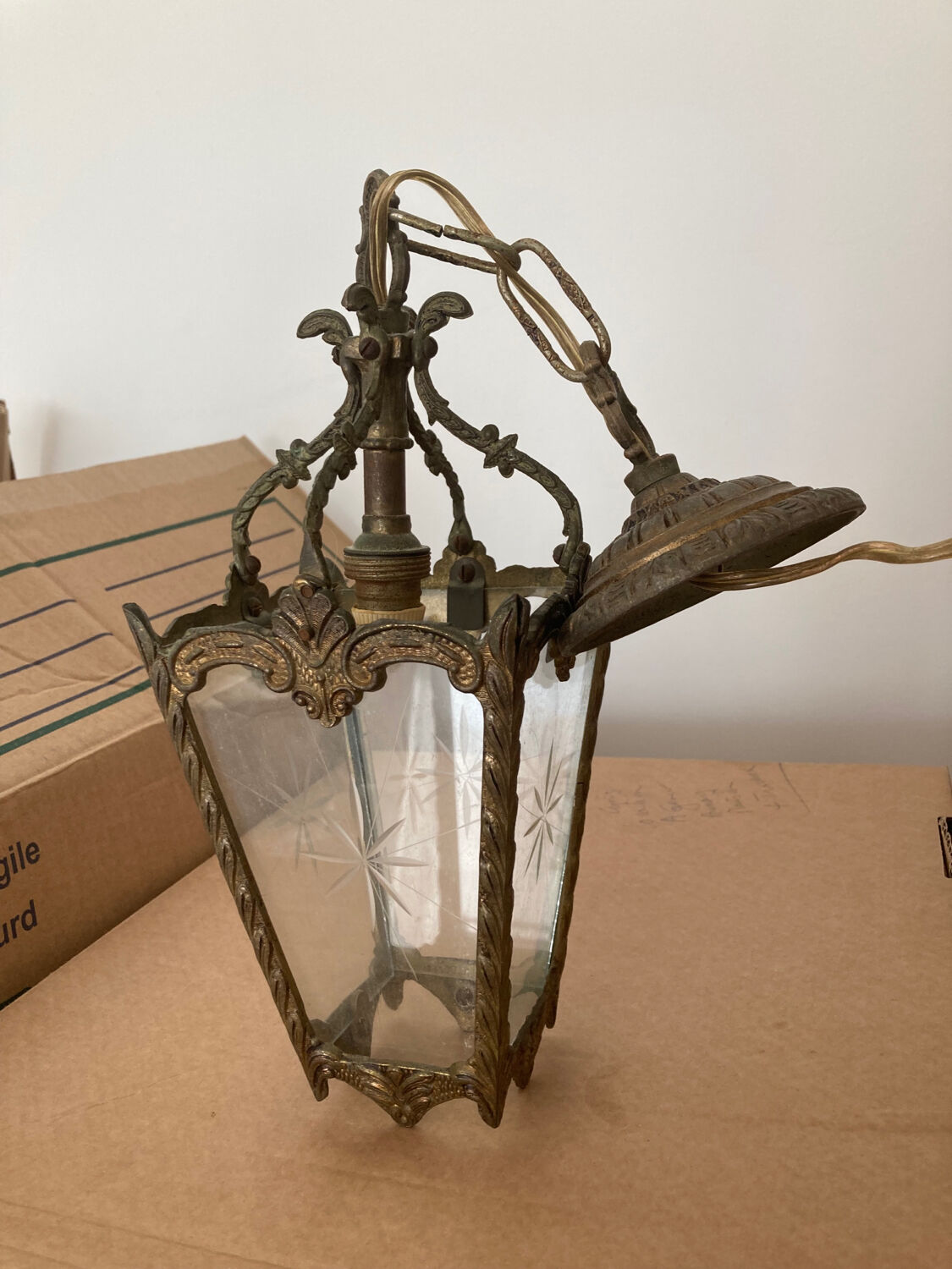 Pair of bronze and glass pendant lamps