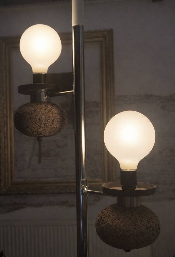 Rare lampe à tension-double éclairage, sphères en liège, Allemagne 60s