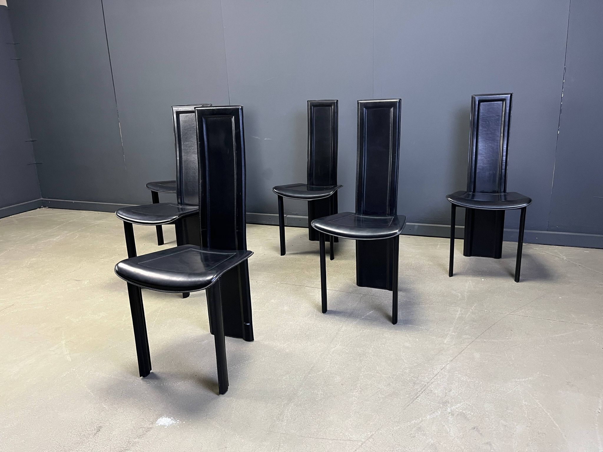 Vintage black leather dining chairs, set of 6, 1980s