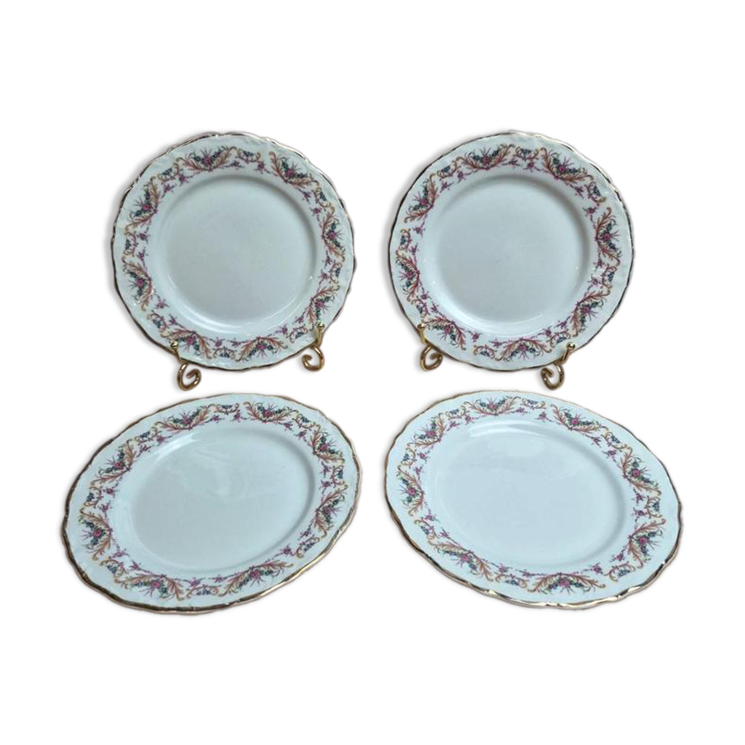 Set of 4 dessert plates French porcelain Digoin romantic floral gold decoration