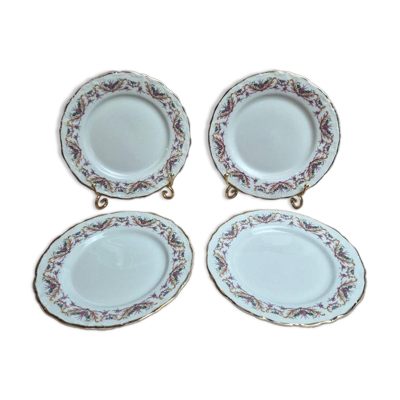 Lot de 4 assiettes à dessert Porcelaine de France Digoinn décor floral romantique doré