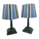 Pair of vintage wooden lamps with their striped beige, blue, and green shades.