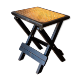 Tabouret bas, cannage et bois