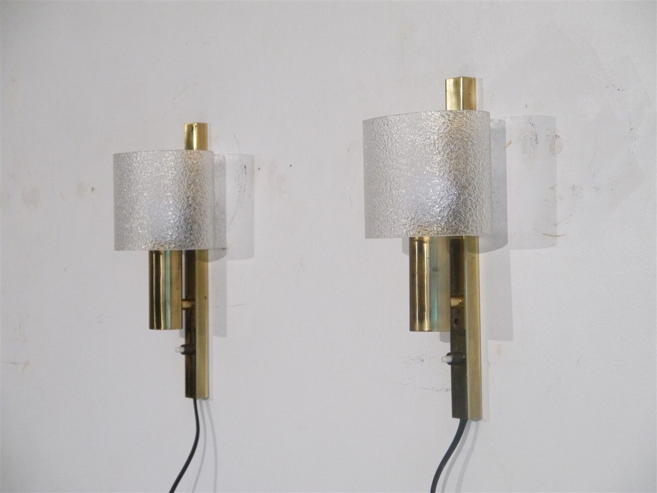Pair of 1970 brass and plexiglass wall lamps