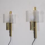 Pair of 1970 brass and plexiglass wall lamps