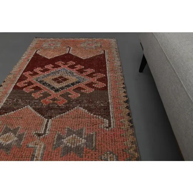 1970s Vintage Turkish Oushak Handmade Wool Cotton Pink Runner Rug 94x311