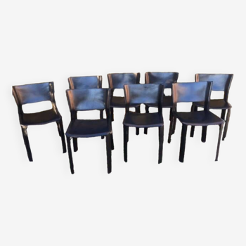 8 s91 chairs black leather vintage design by giancarlo vegni italy 80's 1980