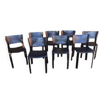 8 s91 chairs black leather vintage design by giancarlo vegni italy 80's 1980