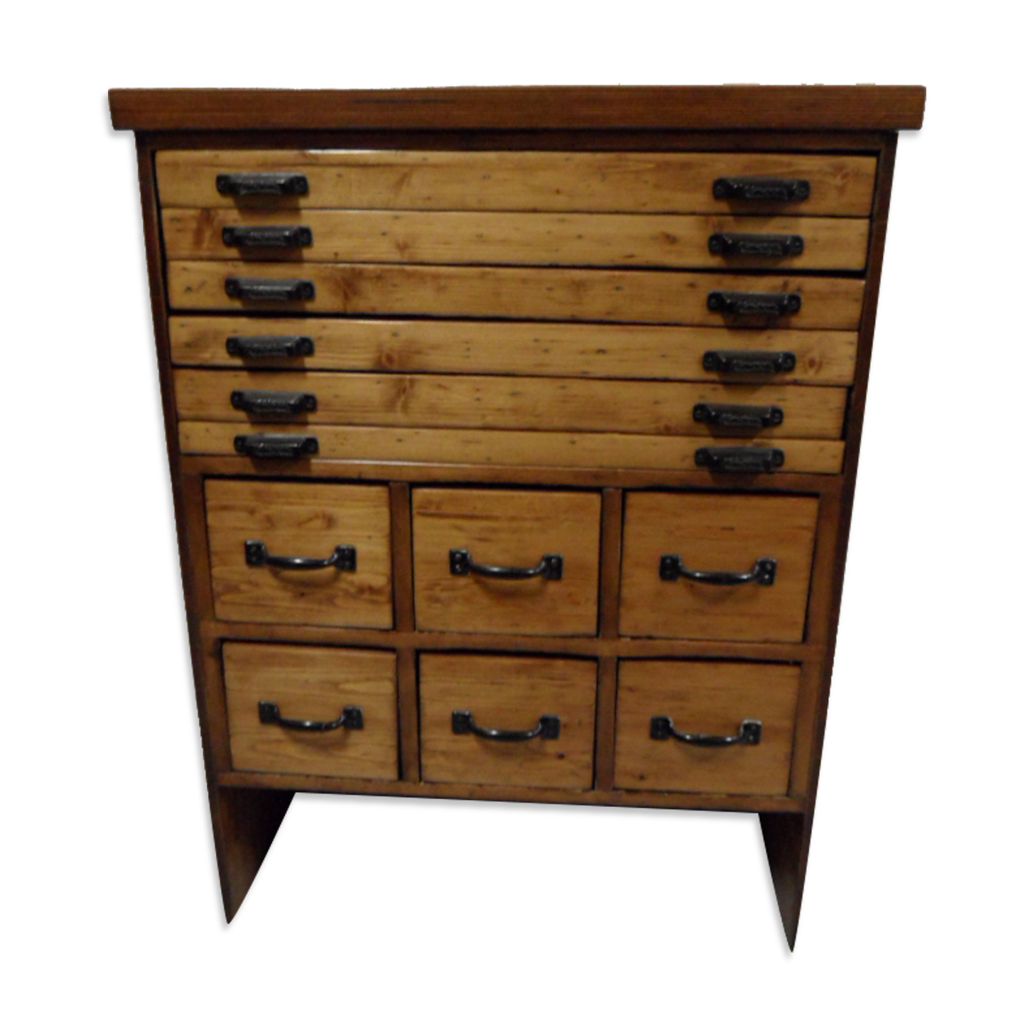 Industrial Dutch pine work bench with drawers