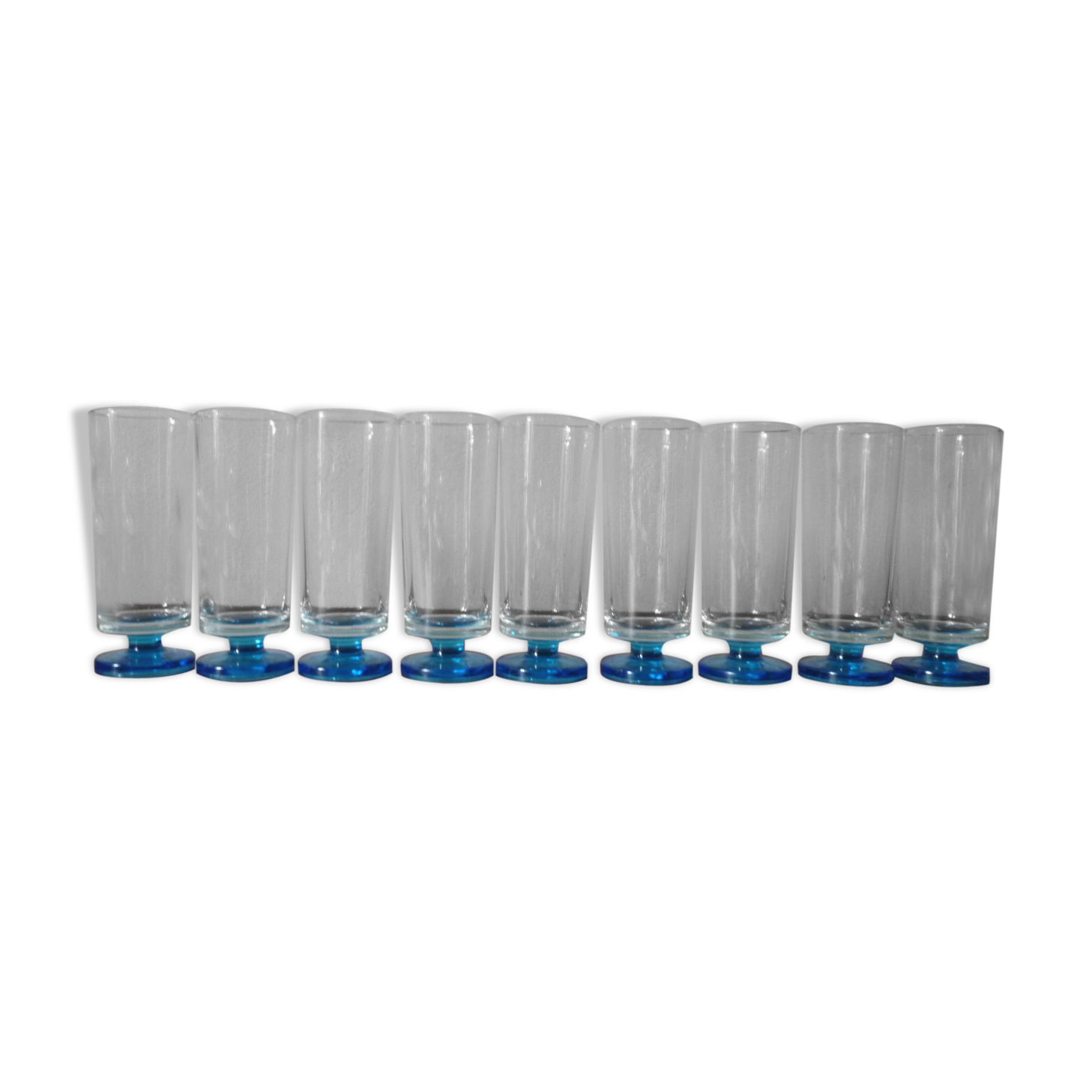 9 vintage champagne flutes with blue foot