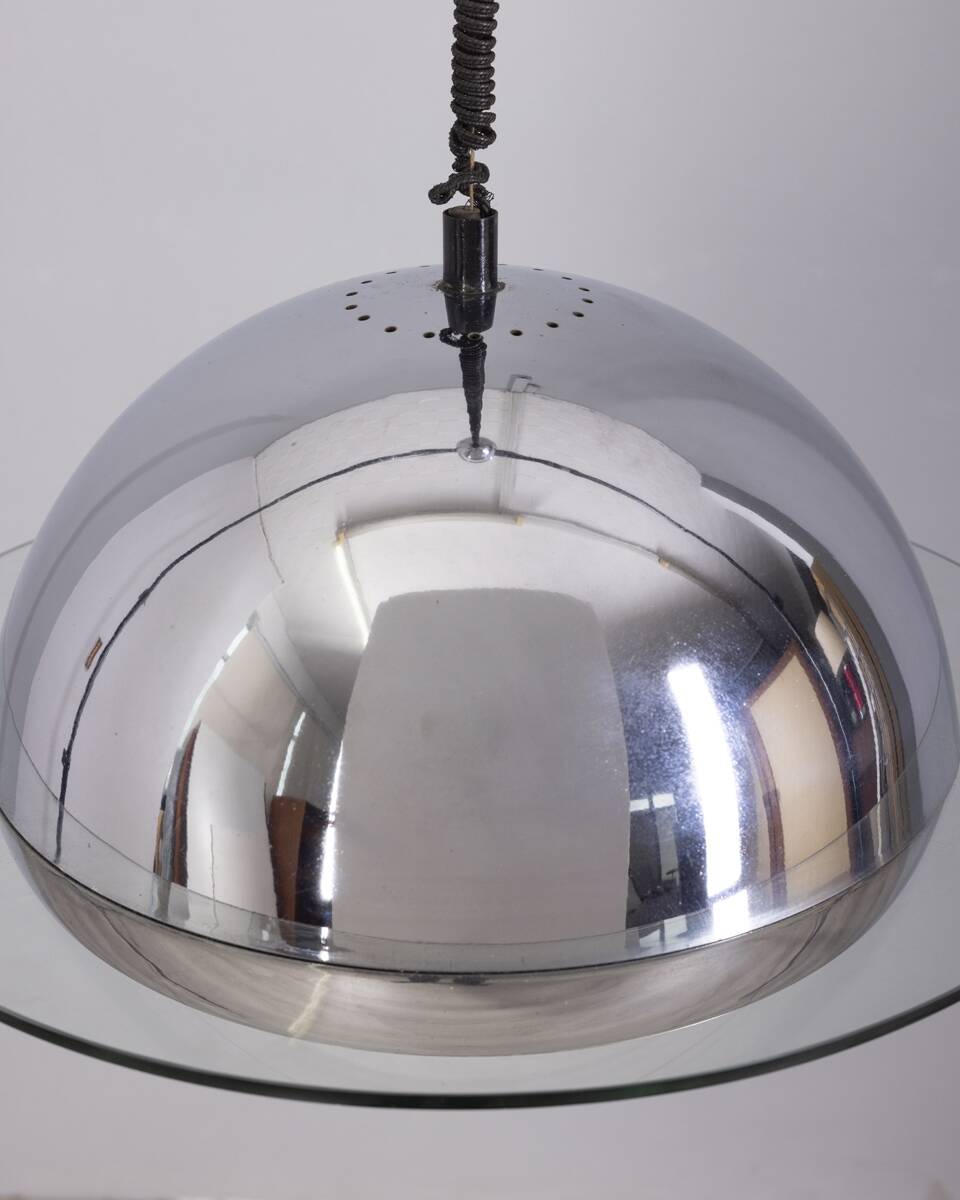 VINTAGE 1970S CHANDELIER IN CHROME-PLATED METAL AND GLASS, ITALIAN DESIGN