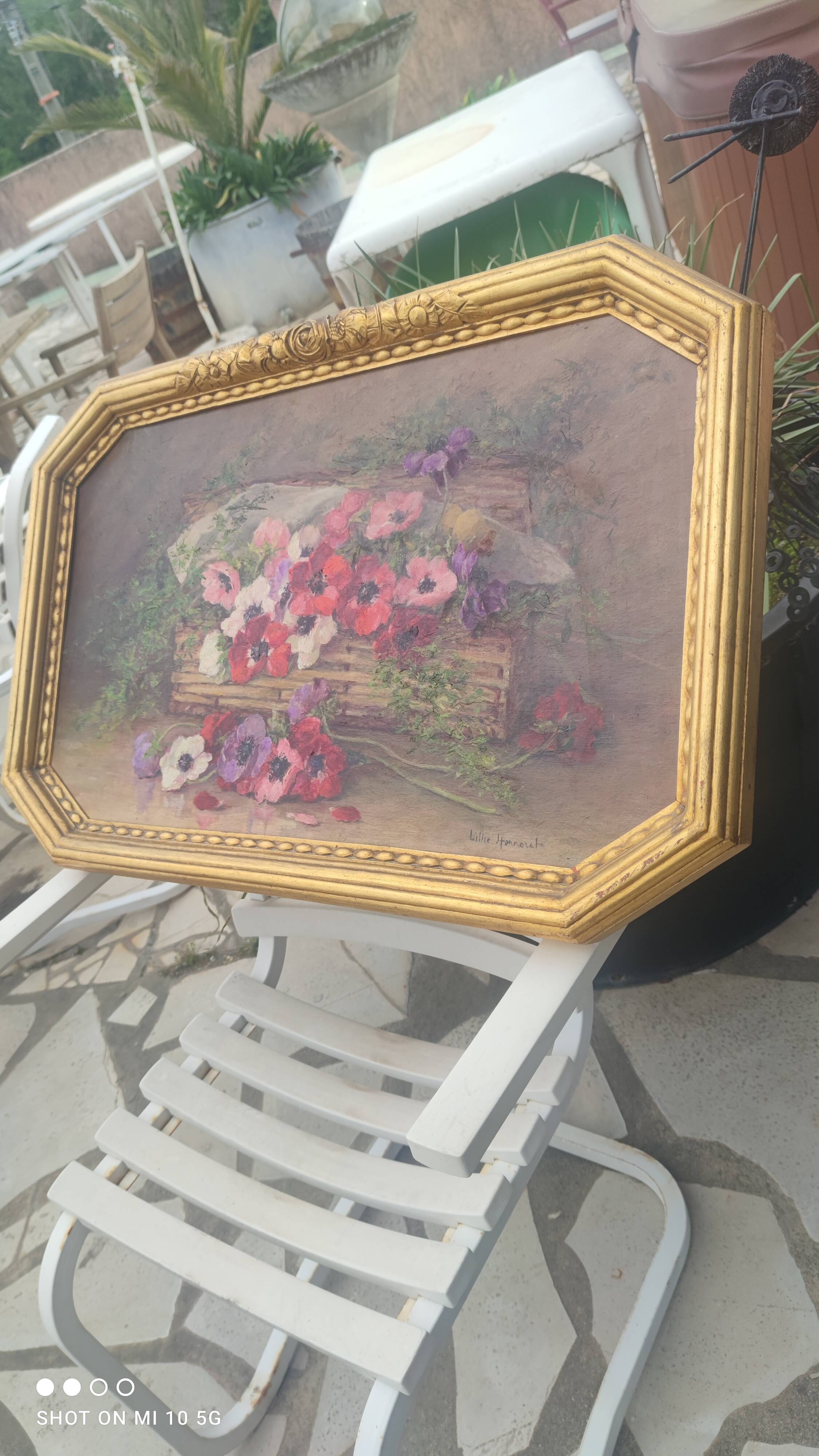 Still life painting, bouquet of flowers, oil on wood by Lillie Honnorat