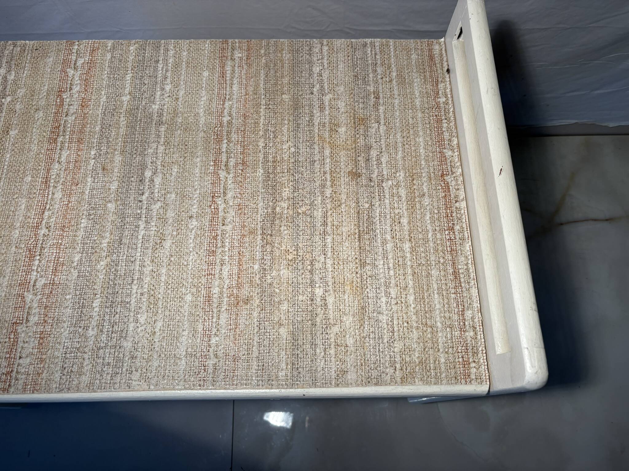 Vintage upholstered chest, white lacquered wooden structure, 1960s-70s