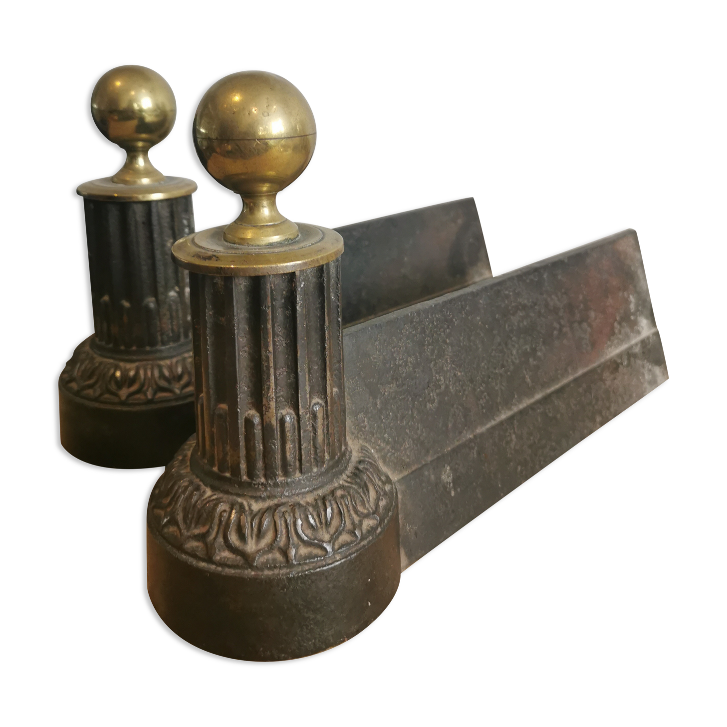 2 cast iron and brass chenets