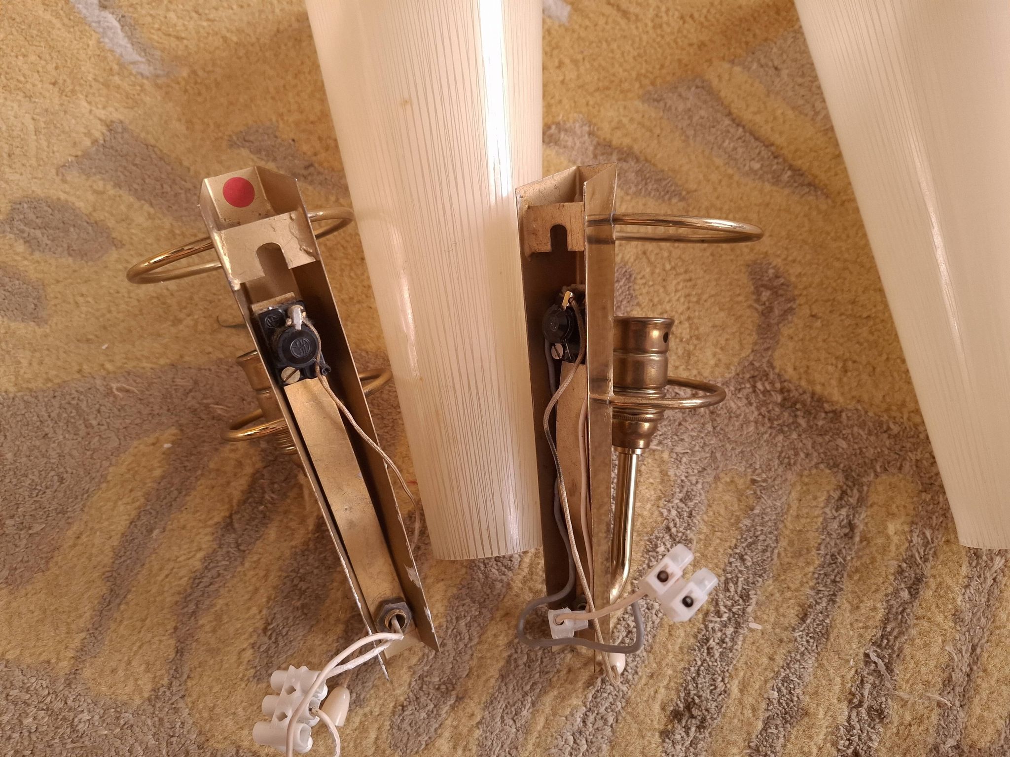 2 60's design wall lights in italian brass and glass