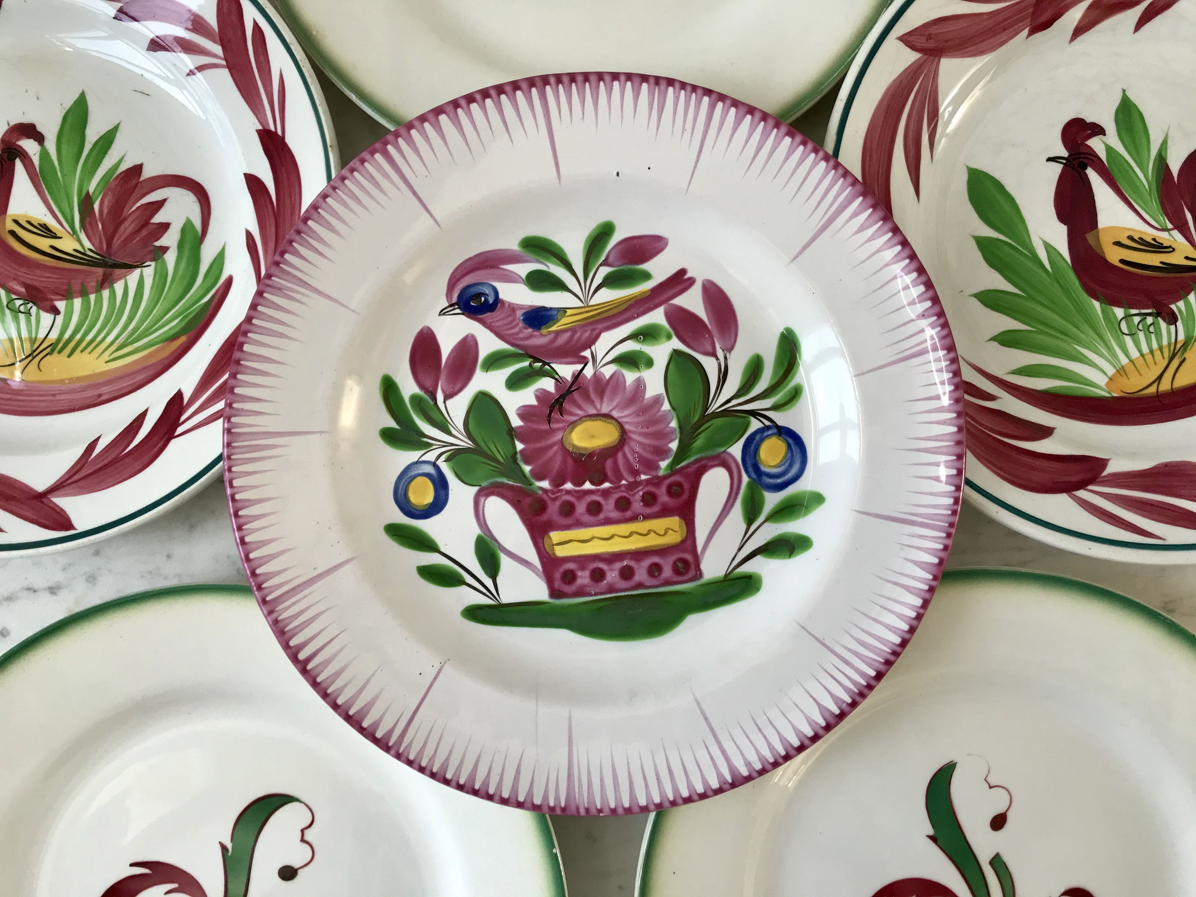 Set of 6 flat plates mismatched Digoin Sarreguemines models Rooster and Casino 30s