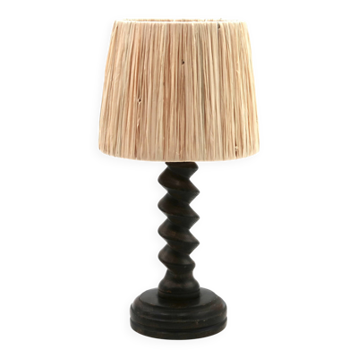 Lampe colonne en bois de Charles Dudouyt et abat-jour en raphia, années 40