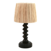 Lampe colonne en bois de Charles Dudouyt et abat-jour en raphia, années 40