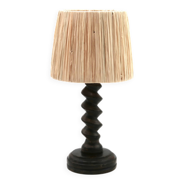 Wooden column lamp by Charles Dudouyt with raffia shade, 1940s.