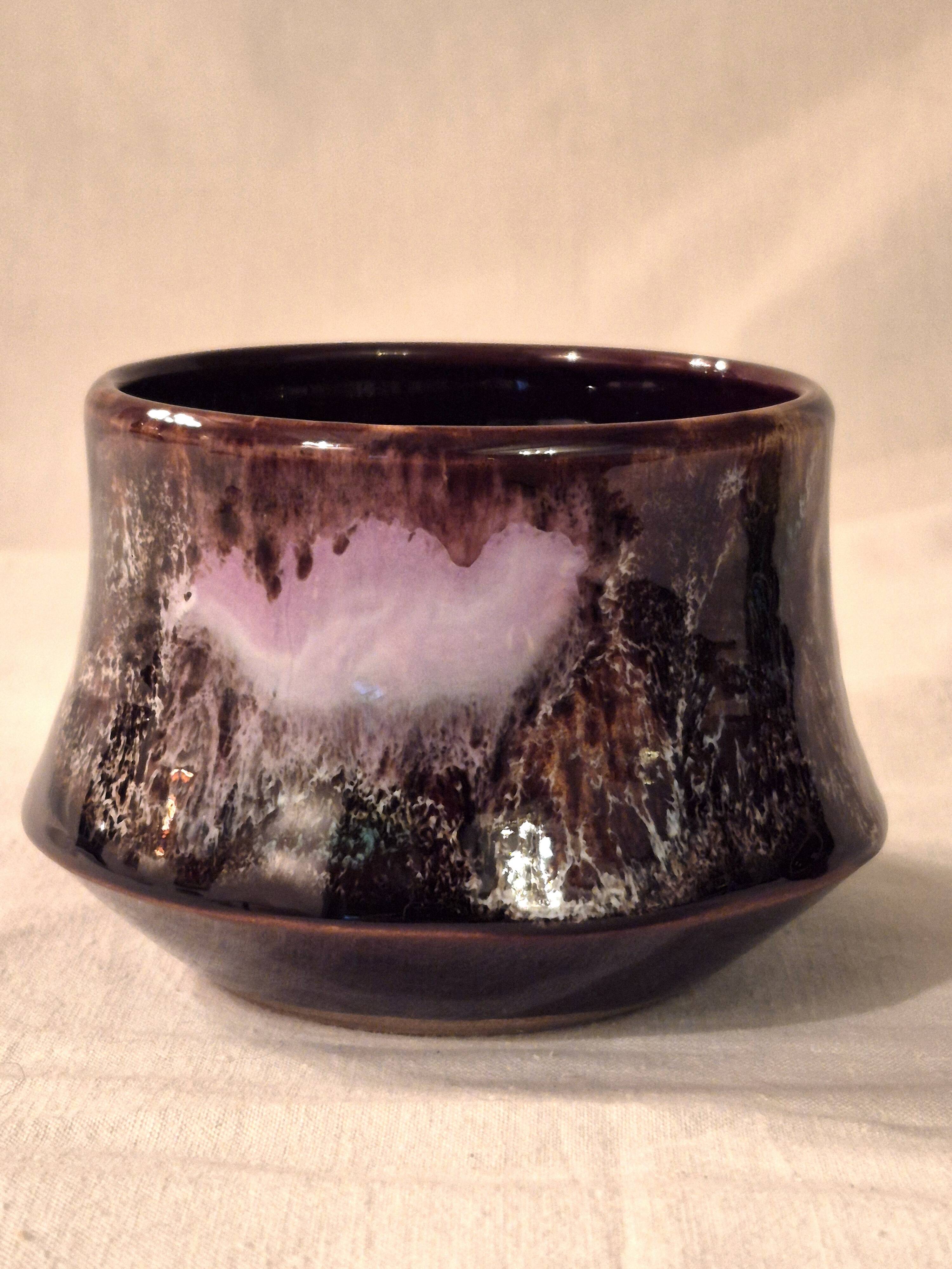 Covered sugar bowl Vallauris glazed ceramic brown old pink A152-3