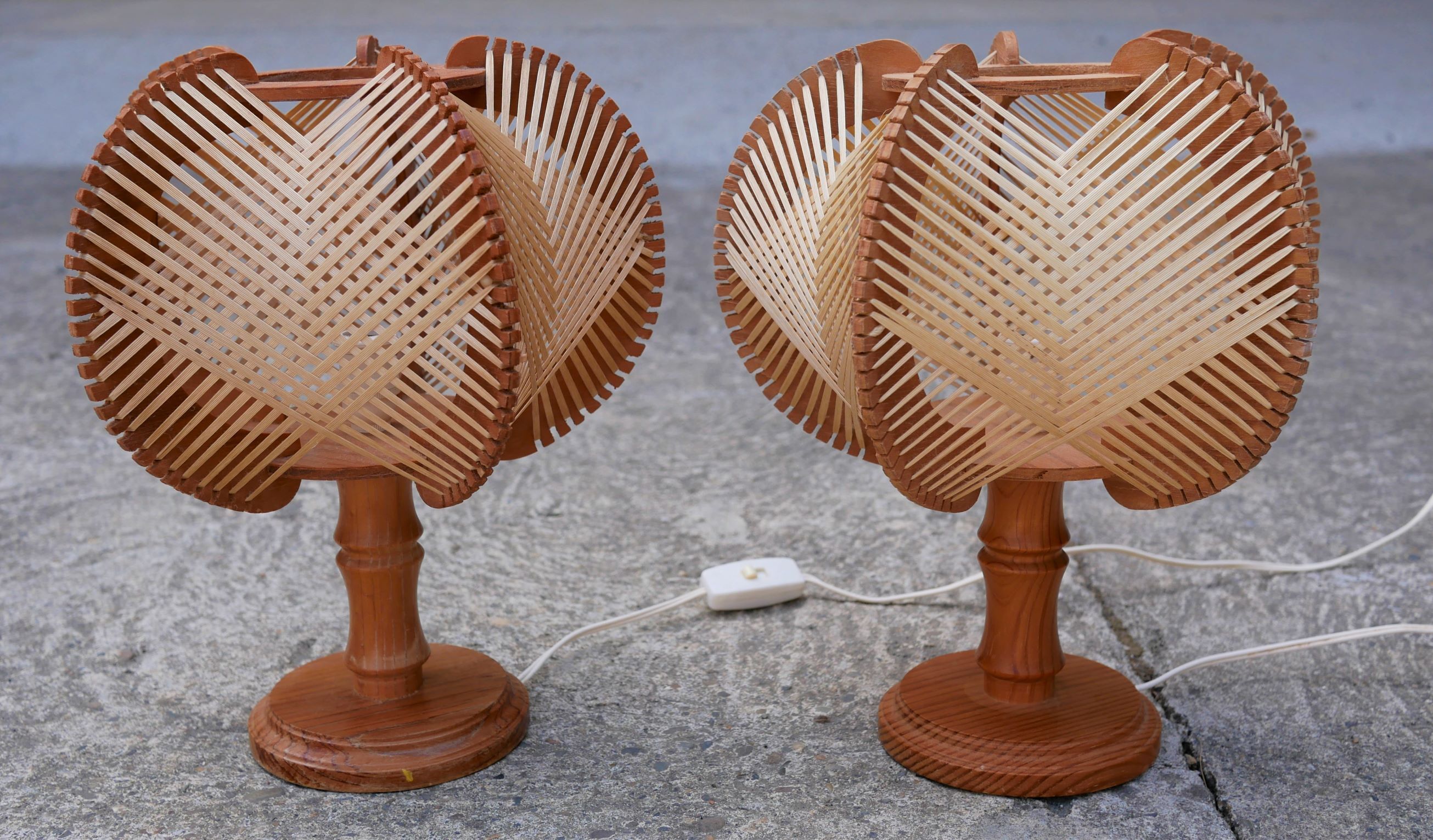 Pair of Scandinavian vintage wood and wire bedside lamps