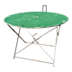 Antique round folding garden table with a green patina.