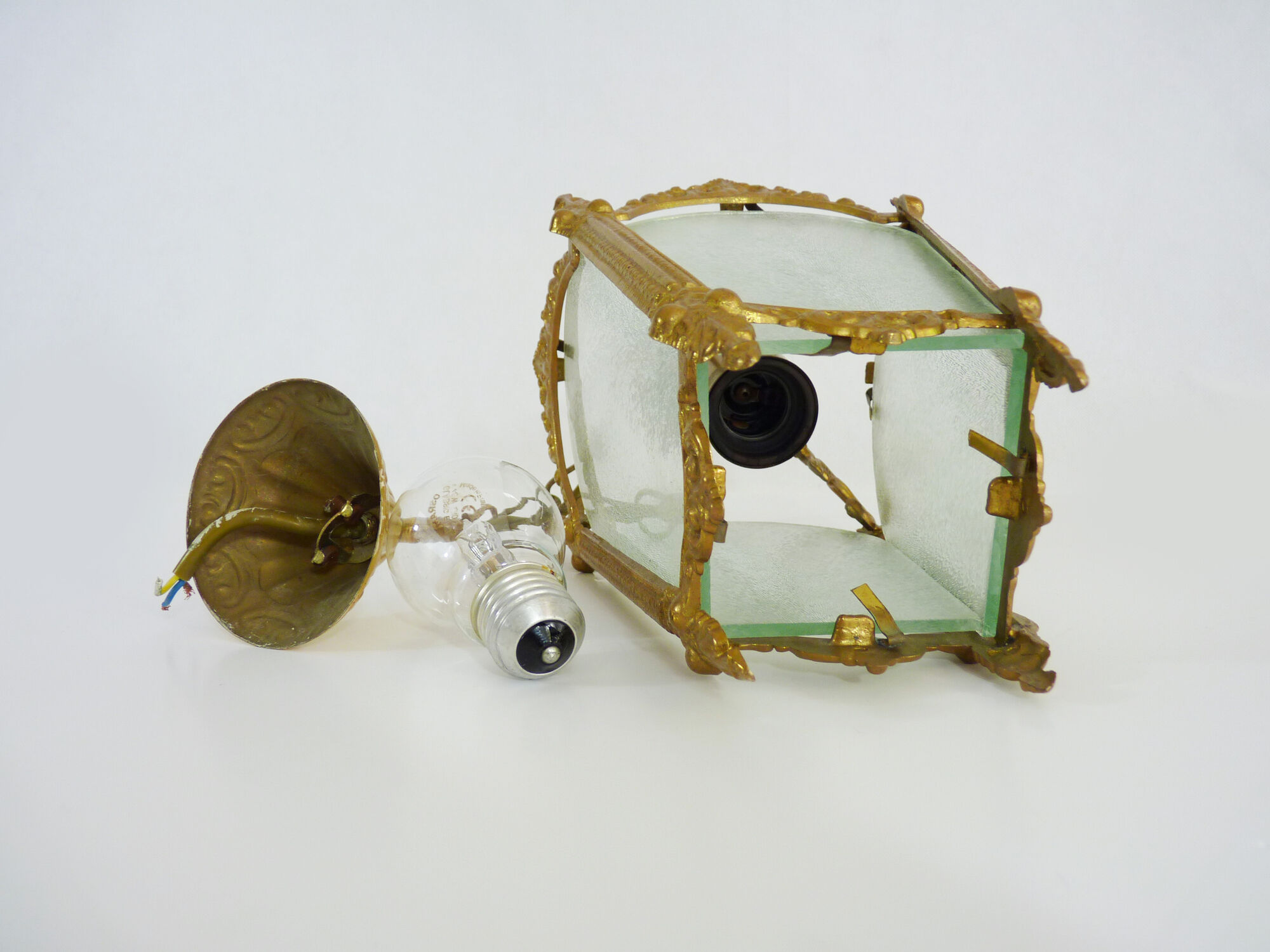 Old lantern with 4 faces in glass, chandelier in gilded bronze and glass, year 60