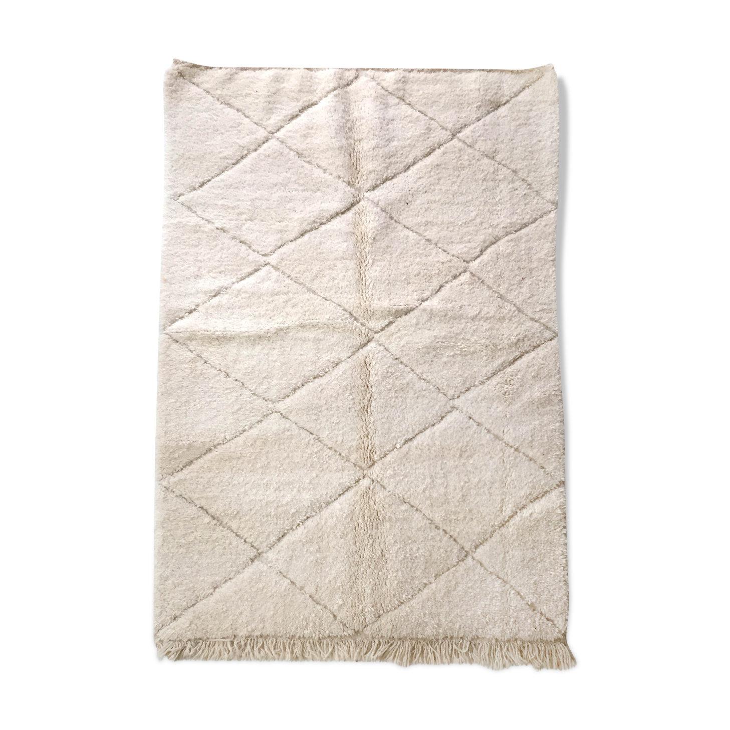 Moroccan Berber carpet Beni Ouarain ecru uni with engraved diamonds 218x142cm