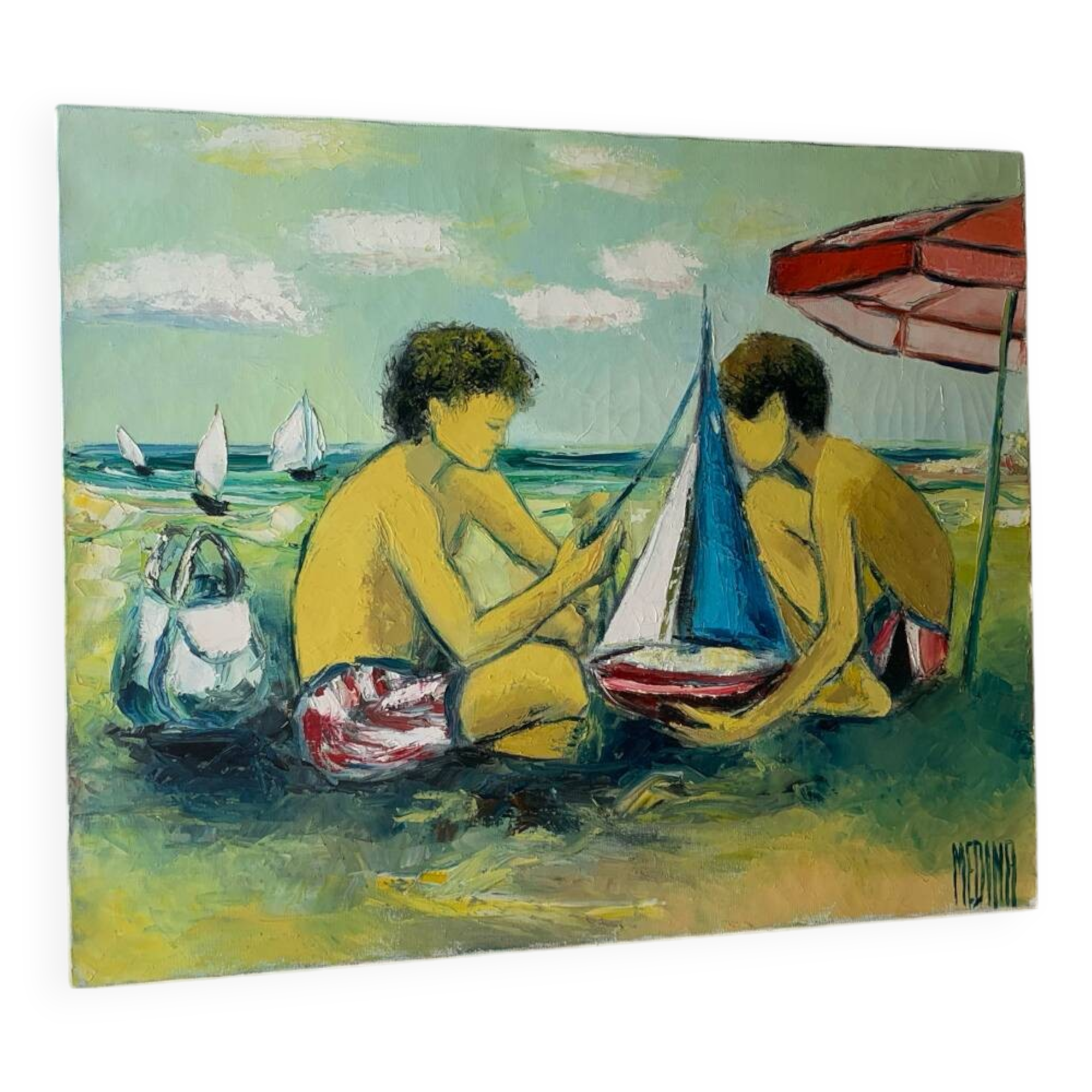 Oil painting on canvas of children at the beach