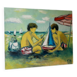 Tableau huile sur toile enfants à la plage