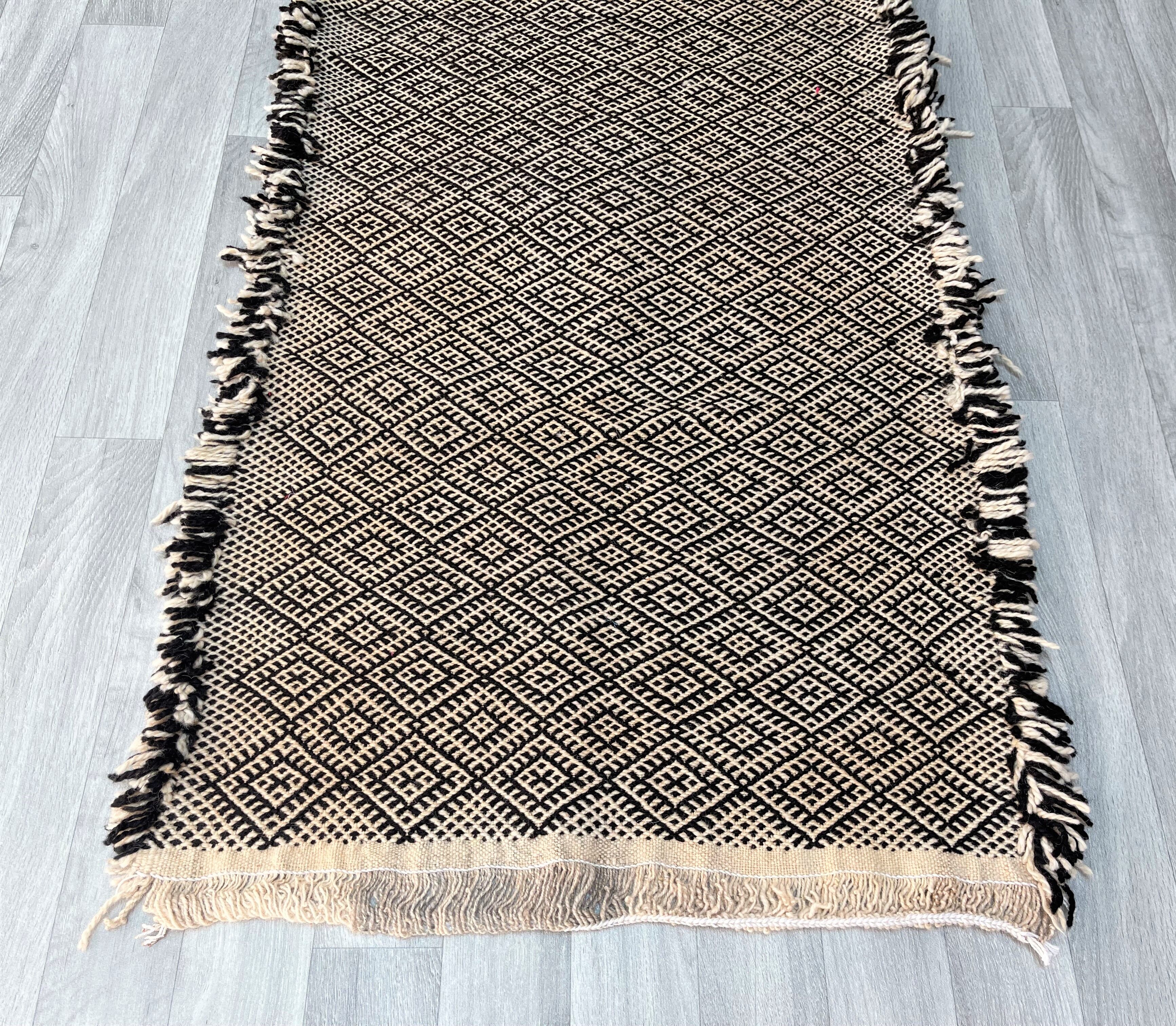 Zanafi Runner Rug, handmade Moroccan rug, flat Berber wool runner, geometric rug.