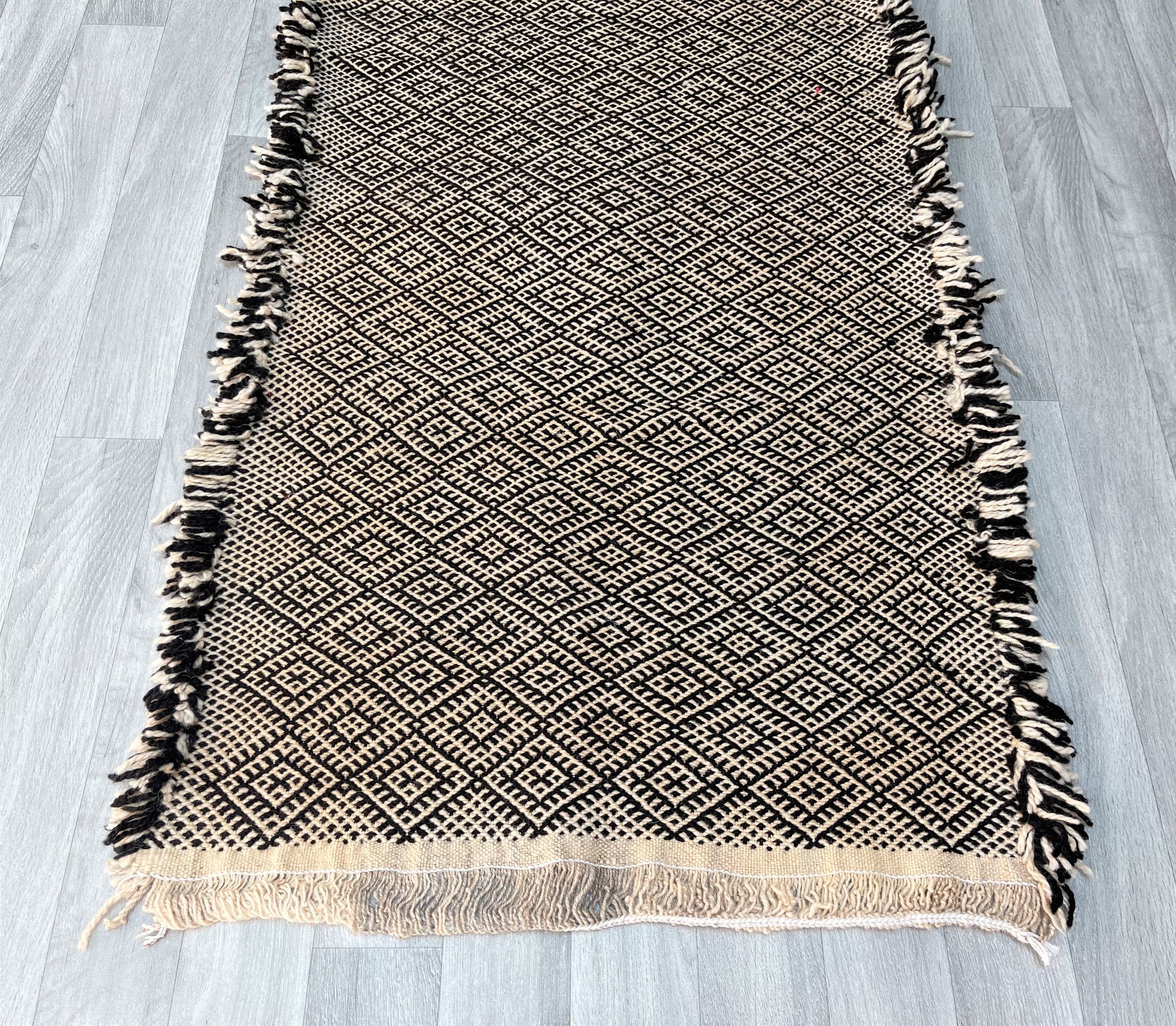 Zanafi Runner Rug, handmade Moroccan rug, flat Berber wool runner, geometric rug.