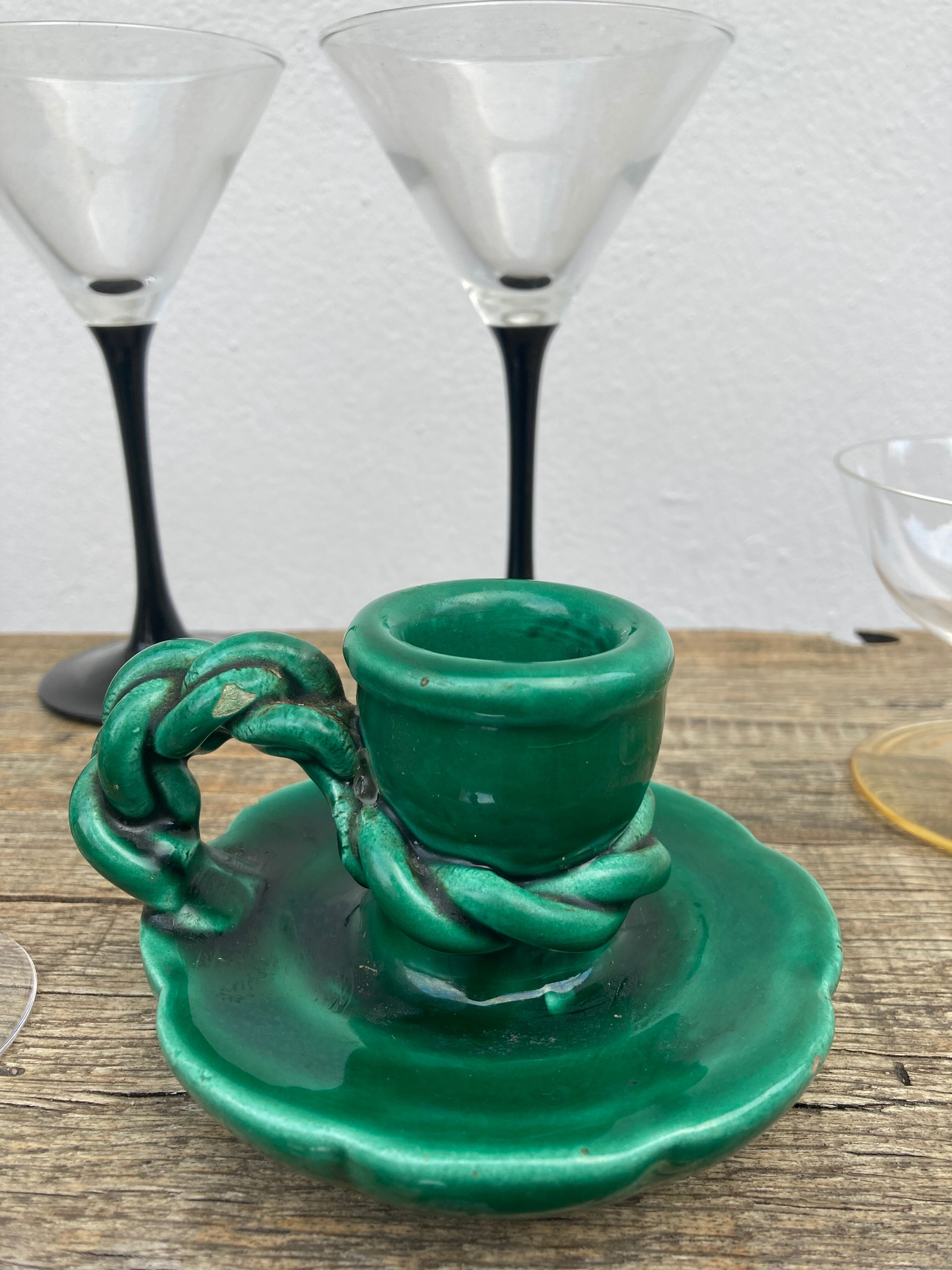 Vallauris candle holder in vintage green ceramic 1970