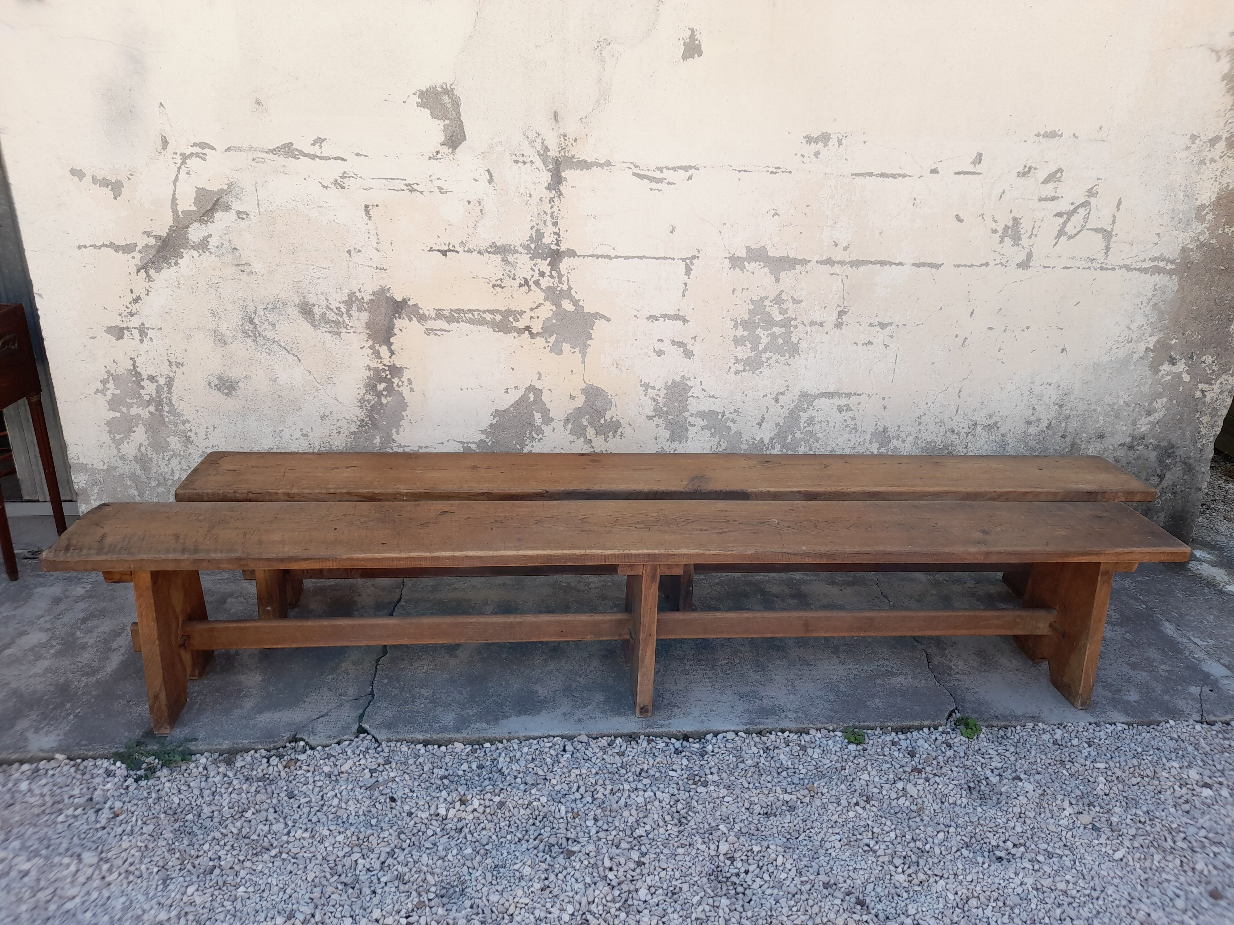 Pair of oak old farm benches 2m71