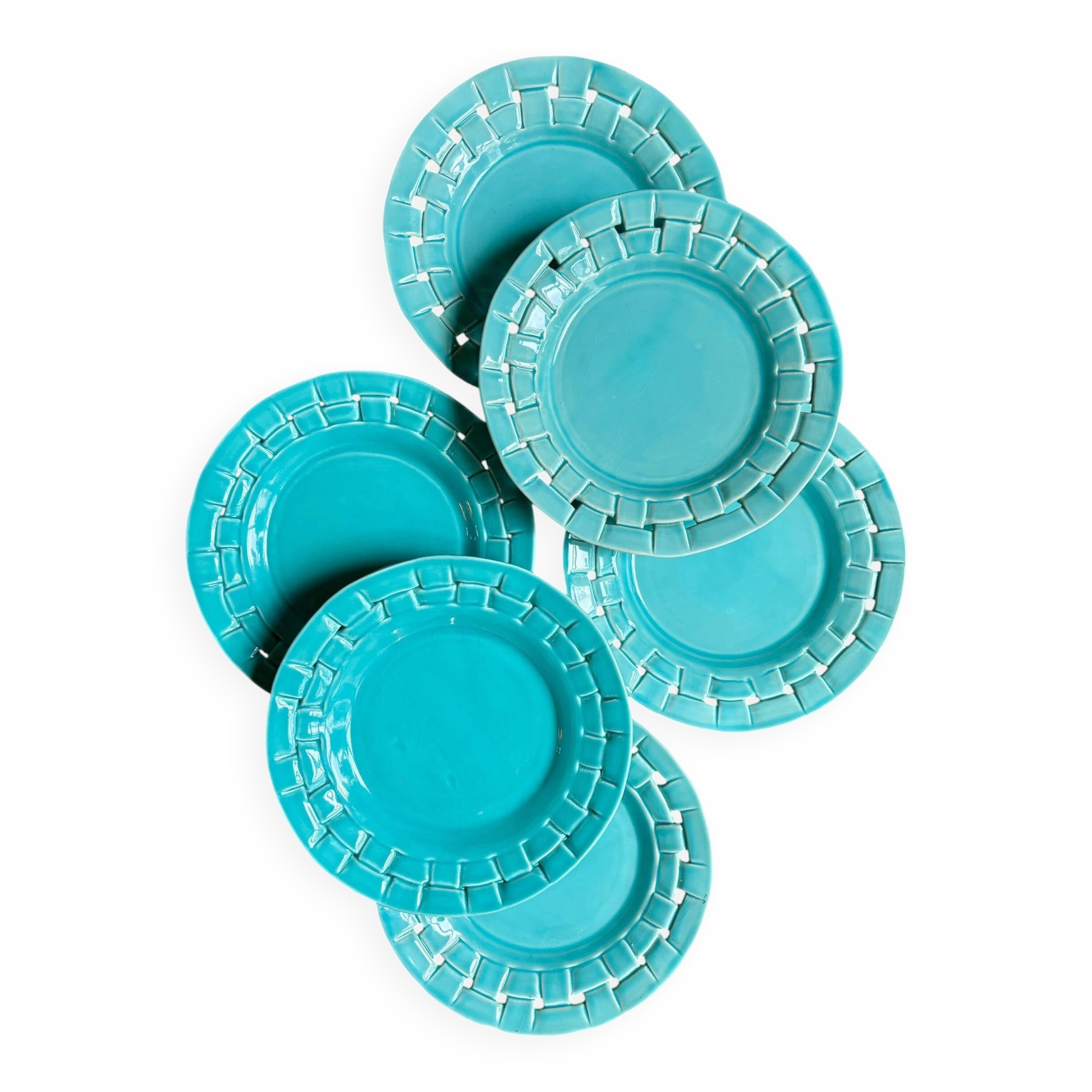 6 turquoise woven ceramic dessert plates