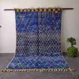 Large Royal Blue and Yellow Beni Ouarain Rug, Geometric Patterns 3x2M