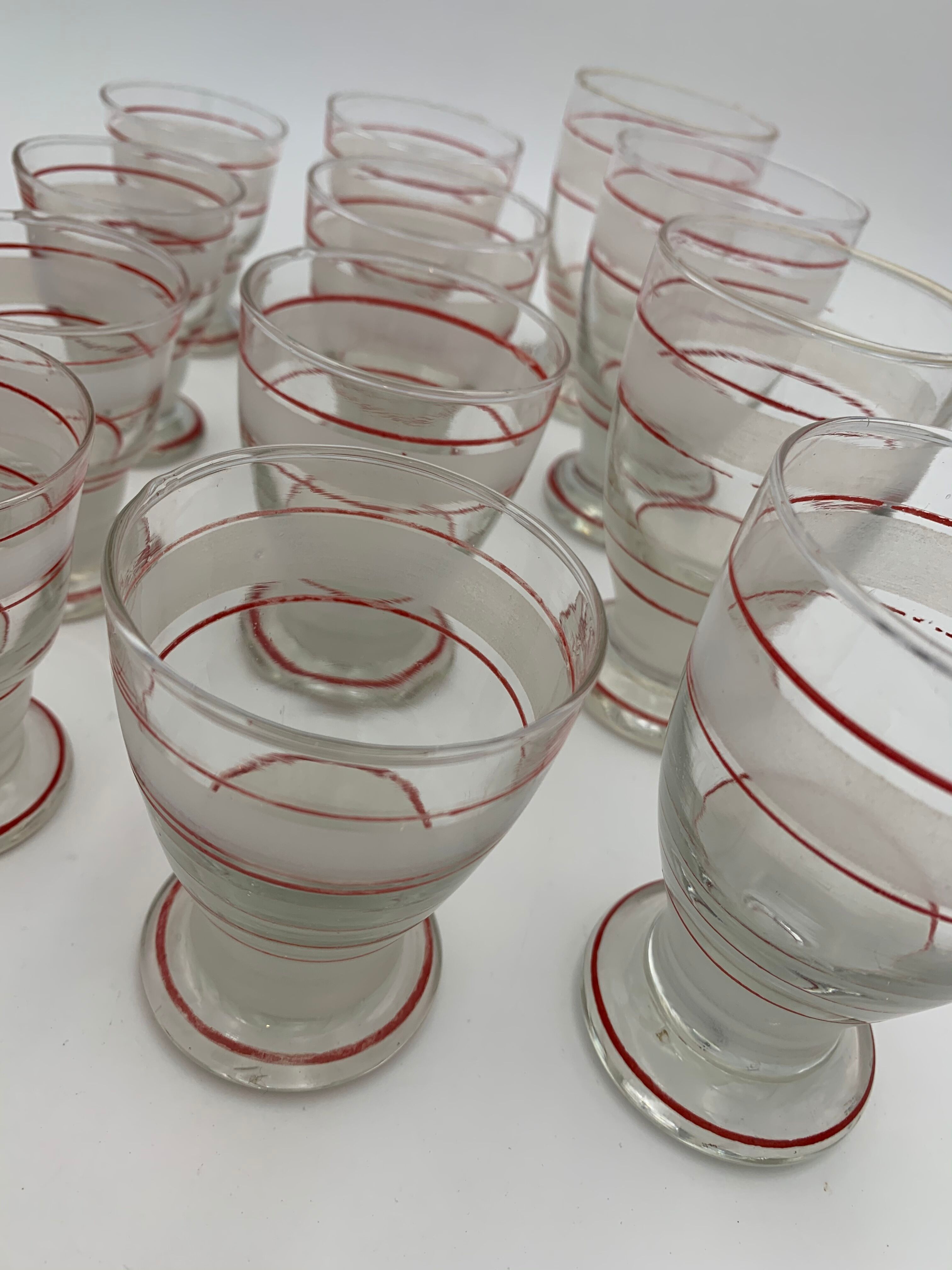Set of 14 vintage glasses, 3 different sizes, white and red decorations - 1950s