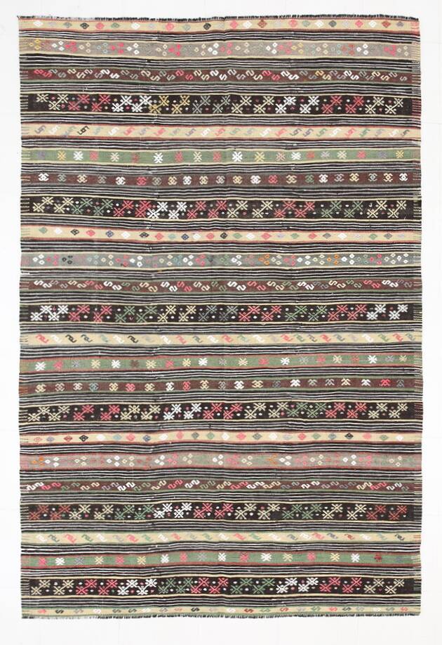Tapis kilim bohème marron 7x10, motif ethnique, 202x304 cm