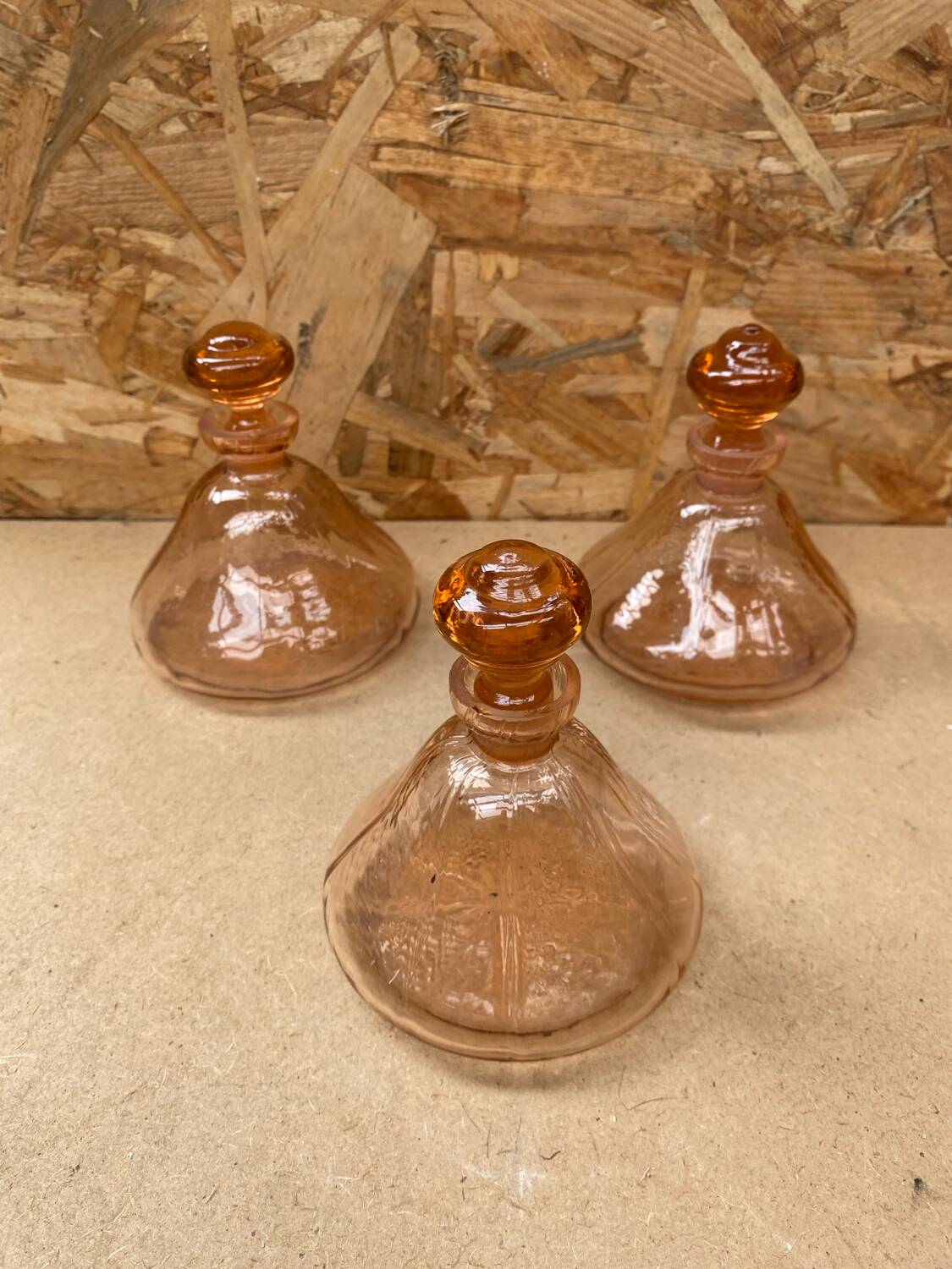 Set of 3 old perfume bottles + vintage pink molded glass stopper #b470