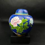 Chinese cloisonné vase decorated with peonies on a blue background, height 15 cm