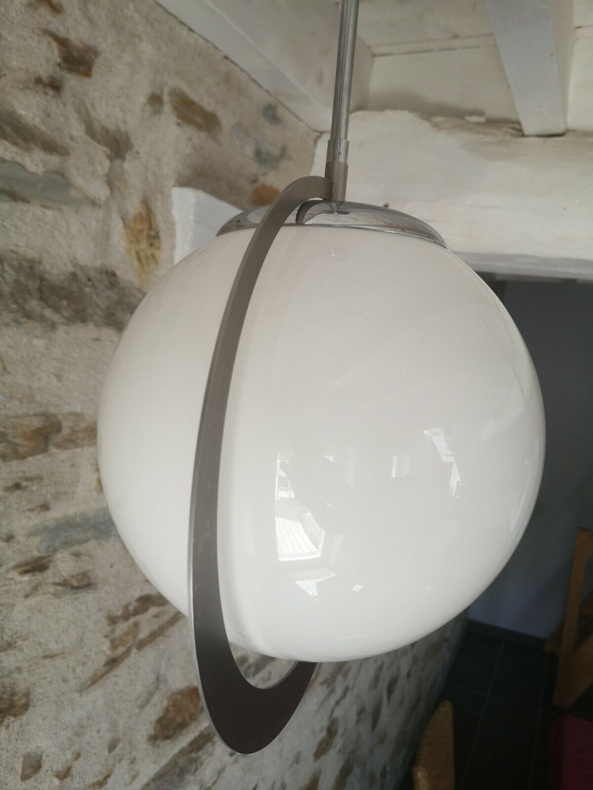 Old modernist suspension flat metal globe opaline period 1940