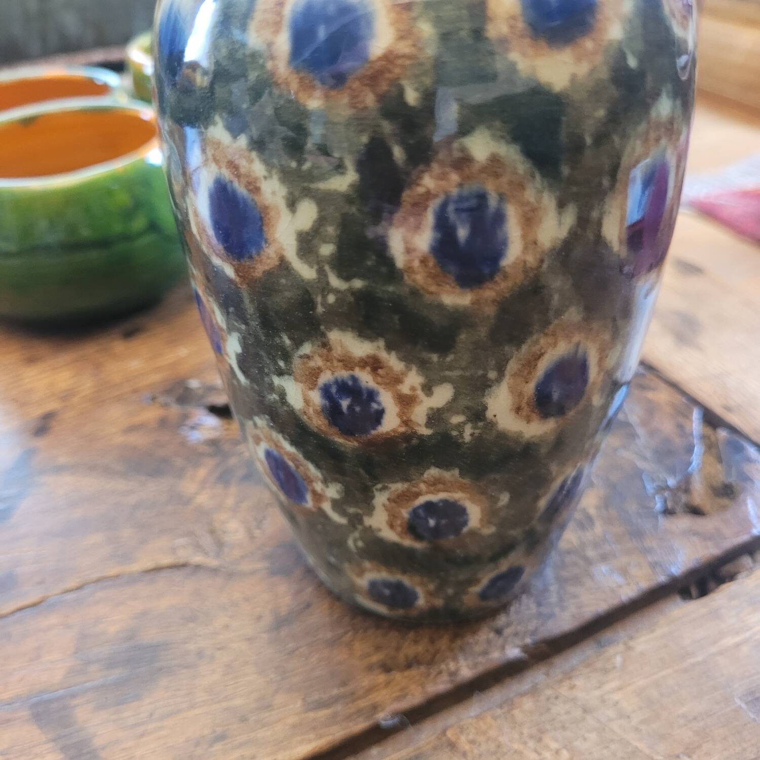 Glazed stoneware vase – “Peacock feathers” motif – 1930/1950 – 16 cm