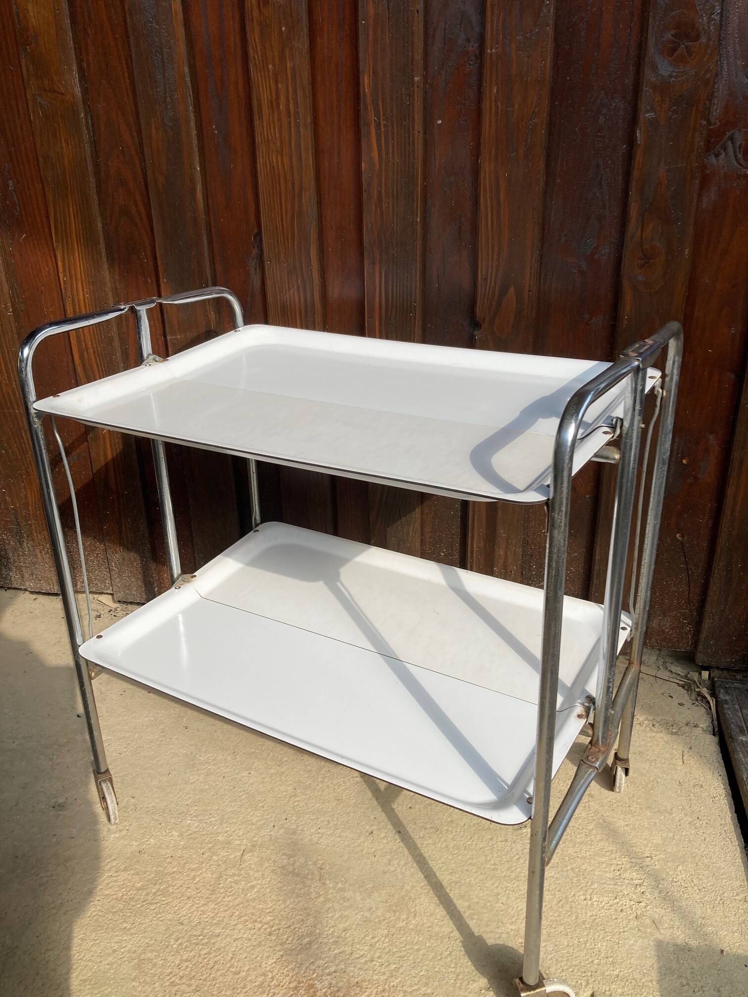 Vintage serving trolley, white folding table, 70s design, vintage.
